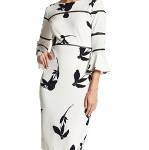 Black and White mid length flared sleeve dress